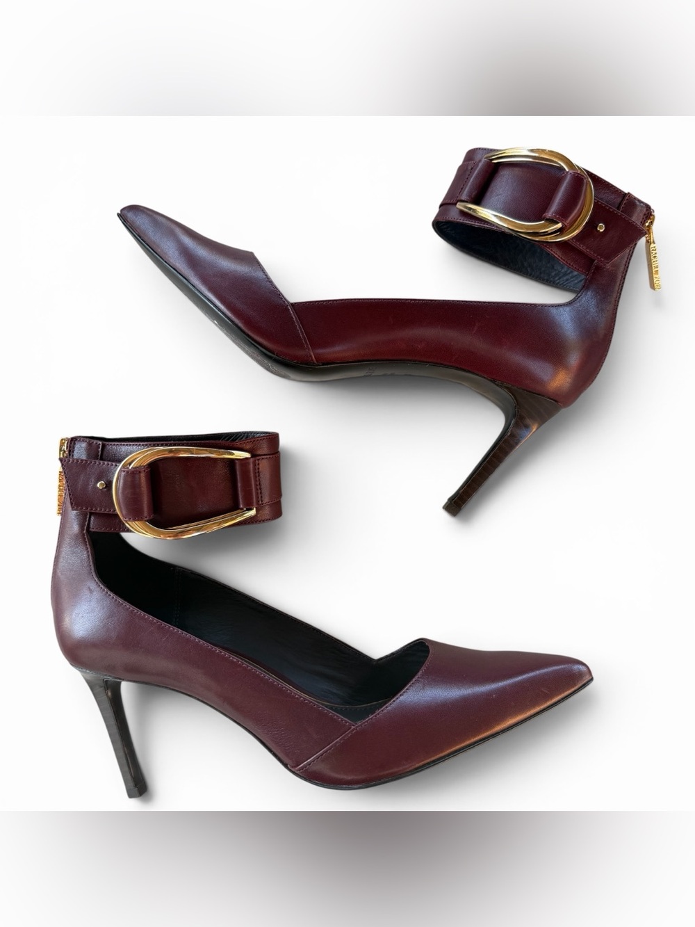 Rachel Zoe Burgundy Pointed Ankle-Strap Pumps with Gold Buckles - Picture 2 of 12